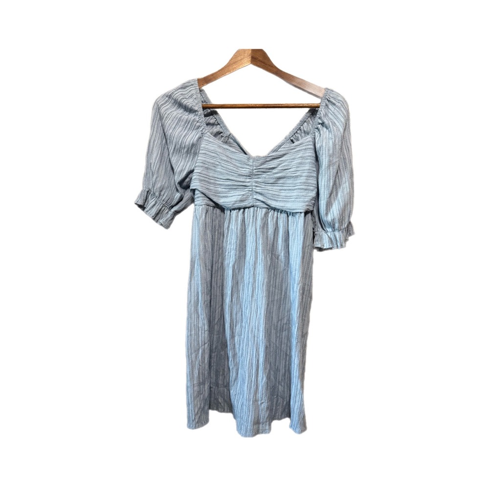 Lush Mini Dress Women S Blue Striped Excellent Ruched Puff Sleeve Tie Back